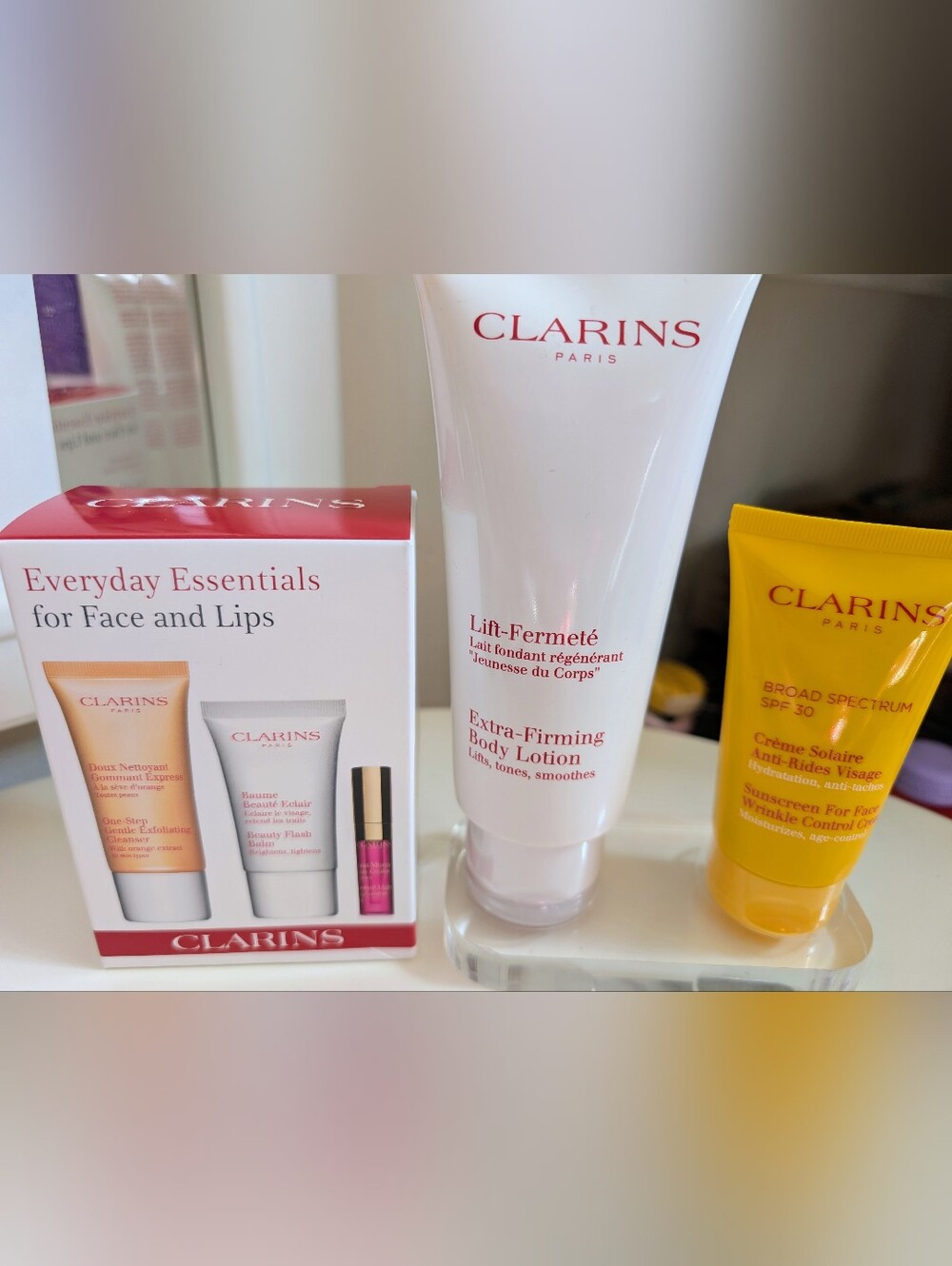 Clarins Skincare Bundle | Extra-Firming Body Lotion, SPF30 Sunscreen, Face & Lip